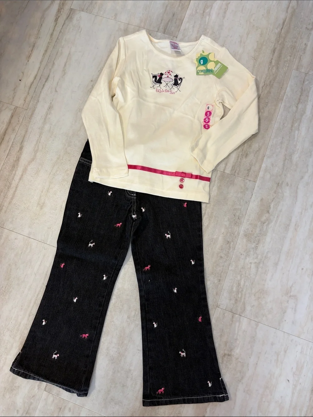 NWT Vintage Y2K Gymboree Set Paris Kitty Top & Embroidered Cat Flare Jeans